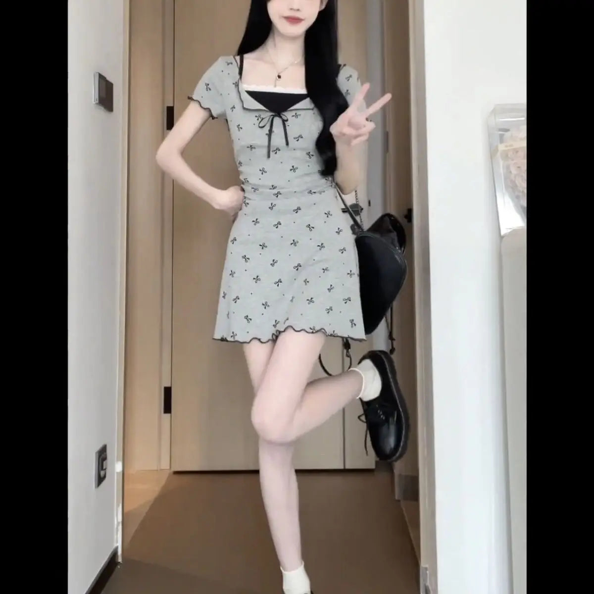 Aiertu Y2k Coquette Sweet Kawaii Bow Print Lace Mini Dress Women 2024 Spring Summer Fashion Japanese Harajuku Short Dresses Aiertu