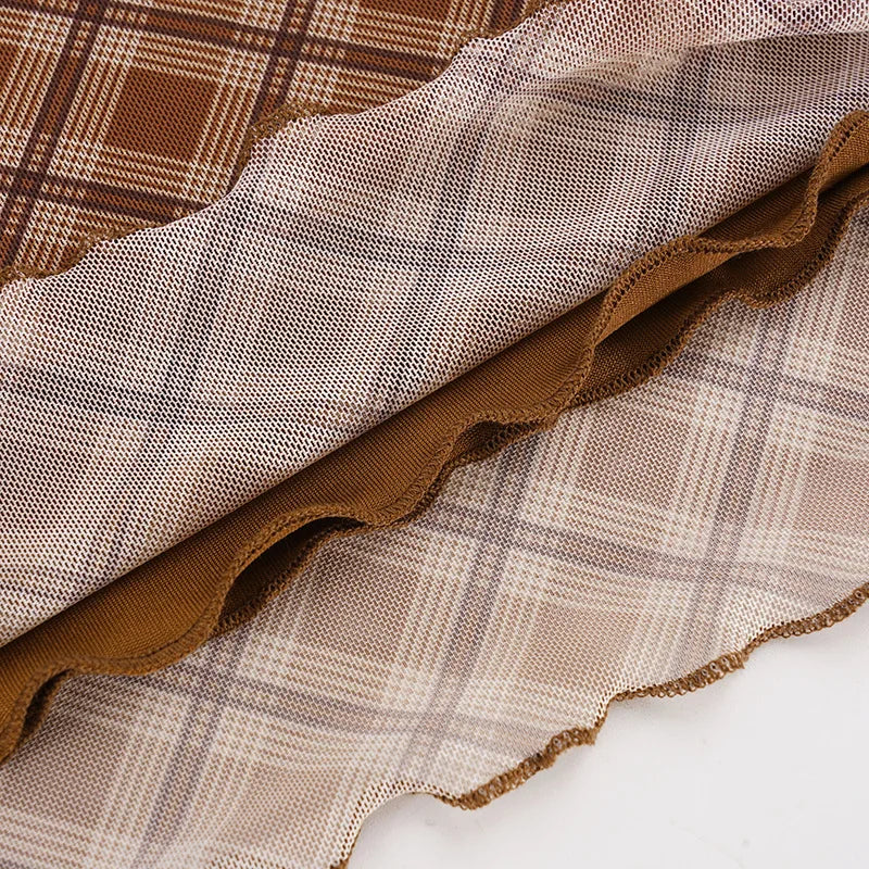 AIERTU  -  Plaid Midi Skirt High Waist Mesh A Line Skirt Brown Checkered Lace Trim Wavy Hem Vintage Streetwear Ladies Skirt Aiertu
