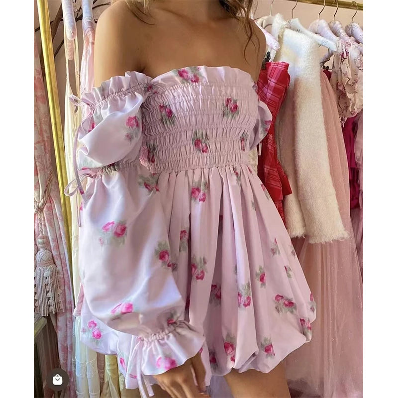 Aiertu Sweet Pink Floral Print Satin Sexy Off Shoulder Dress Women Long Sleeve Holiday Party Mini Dresses Princess Fairy Robe Aiertu
