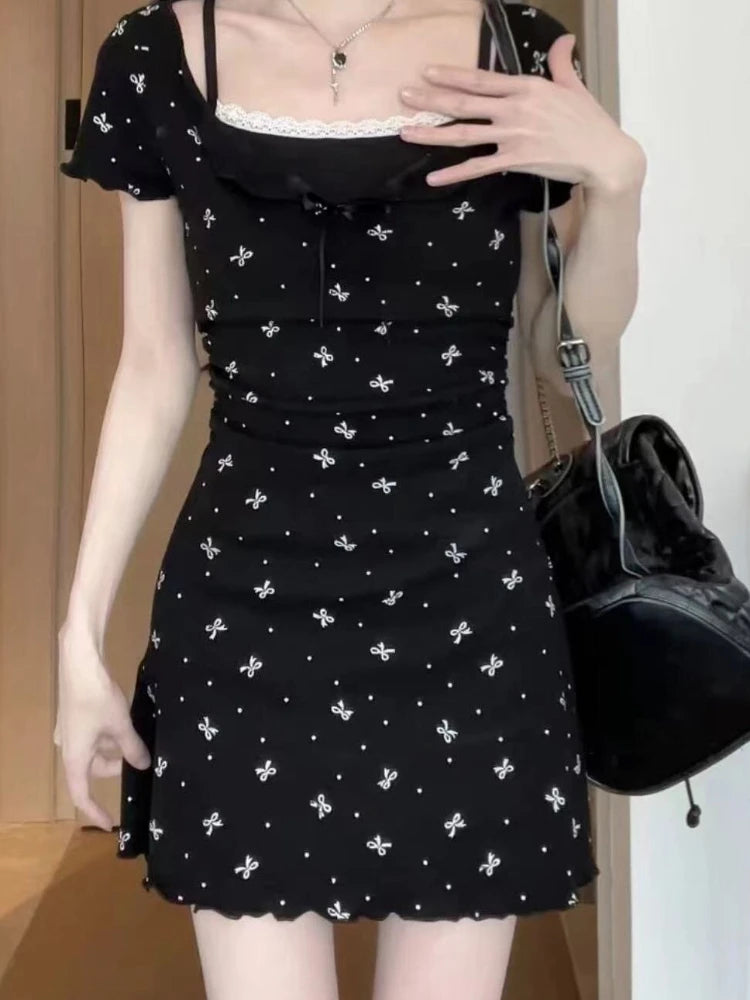 Aiertu Y2k Coquette Sweet Kawaii Bow Print Lace Mini Dress Women 2024 Spring Summer Fashion Japanese Harajuku Short Dresses Aiertu