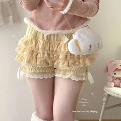 Autumn Winter Warm Lolita Safety Short Pants Women Sweet Chic Plush Bloomers Japanese Y2k Lace Bow Knickers Harajuku Cute Shorts Aiertu