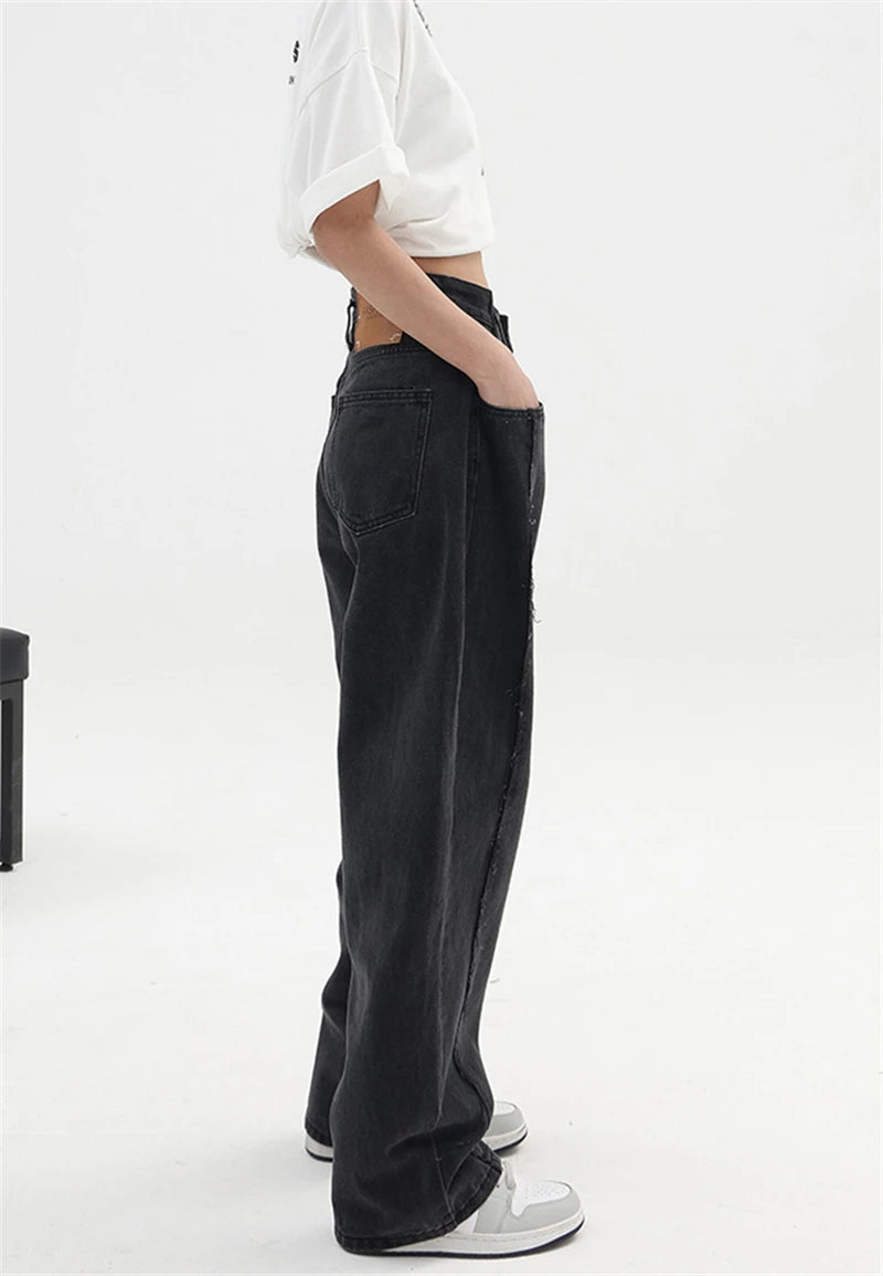 Aiertu 2024 Women Baggy  Long Jeans Harajuku Black Wide Leg Trousers Streetwear Vintage High Waist Denim Pants Big Pocket Y2k Feamle Aiertu