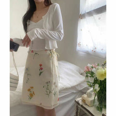 AIERTU  -  Summer Korean High Street Casual Mini Skirt Women's Botanical Floral Print Drawstring Tie Skirt Vintage Elegant Holiday Skirt Aiertu