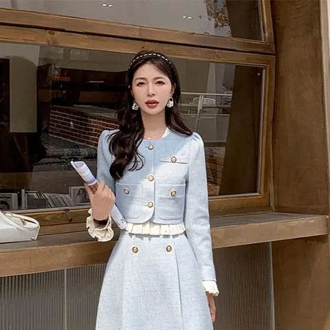 Aiertu Suit Short Long-Sleeved Jacket + Skirt Little Fragrance Blue 2024 Fall Two Piece Sets For Women Royal Sister Sense Of Luxury Aiertu