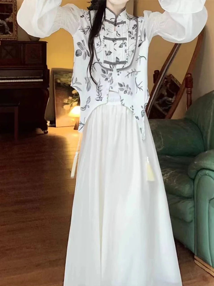 Aiertu Vintage Floral 2 Piece Dress Sets Women Button Chic Korean Printing Shirt+solid Elegant Midi Skirt 2024 Autumn Casual Dress Sets Aiertu