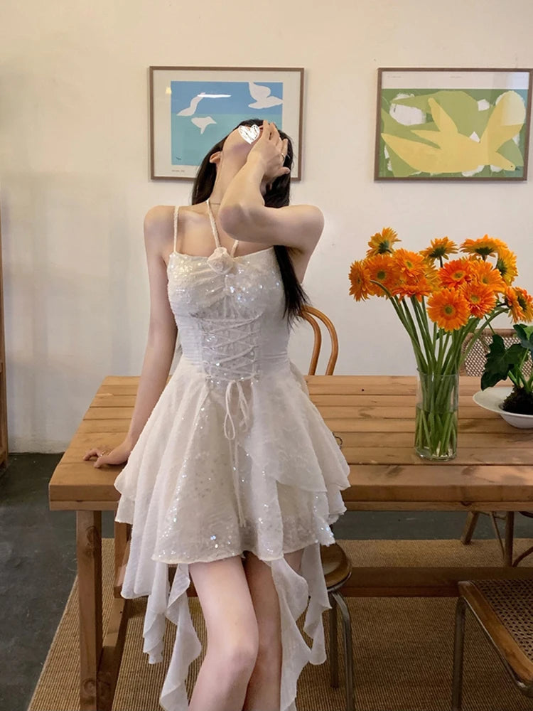 Women's A-line Luxury Dress Y2k Elegant Vintage Off Shoulder Sleeveless Mini Sequins Bandage Dress Party Club Aiertu