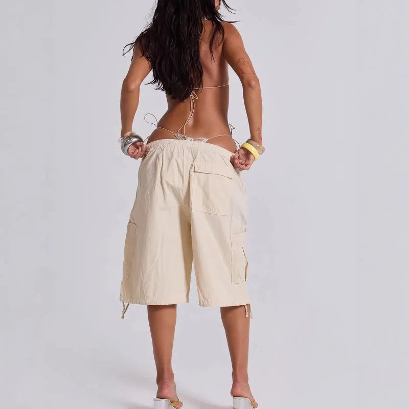 AIERTU  -  Euramerican Safari Style Drawstring Half Pants Y2k All Match Side Pockets Design Casual Women Wide Trousers Stright Short Pants Aiertu