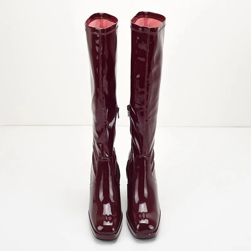 AIERTU  -  New Fashionable Height Increase, Thick Heels, High Heels, Sexy, Knee High, Square Head, Wine Red Boots for Women Aiertu