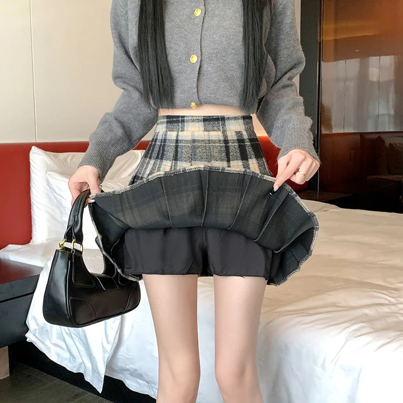 Aiertu Preppy Style Winter Plaid Vintage Pleated Mini Wool Skirt For Women High Waist Thicken Casual School Cute Short Skirt Female Aiertu