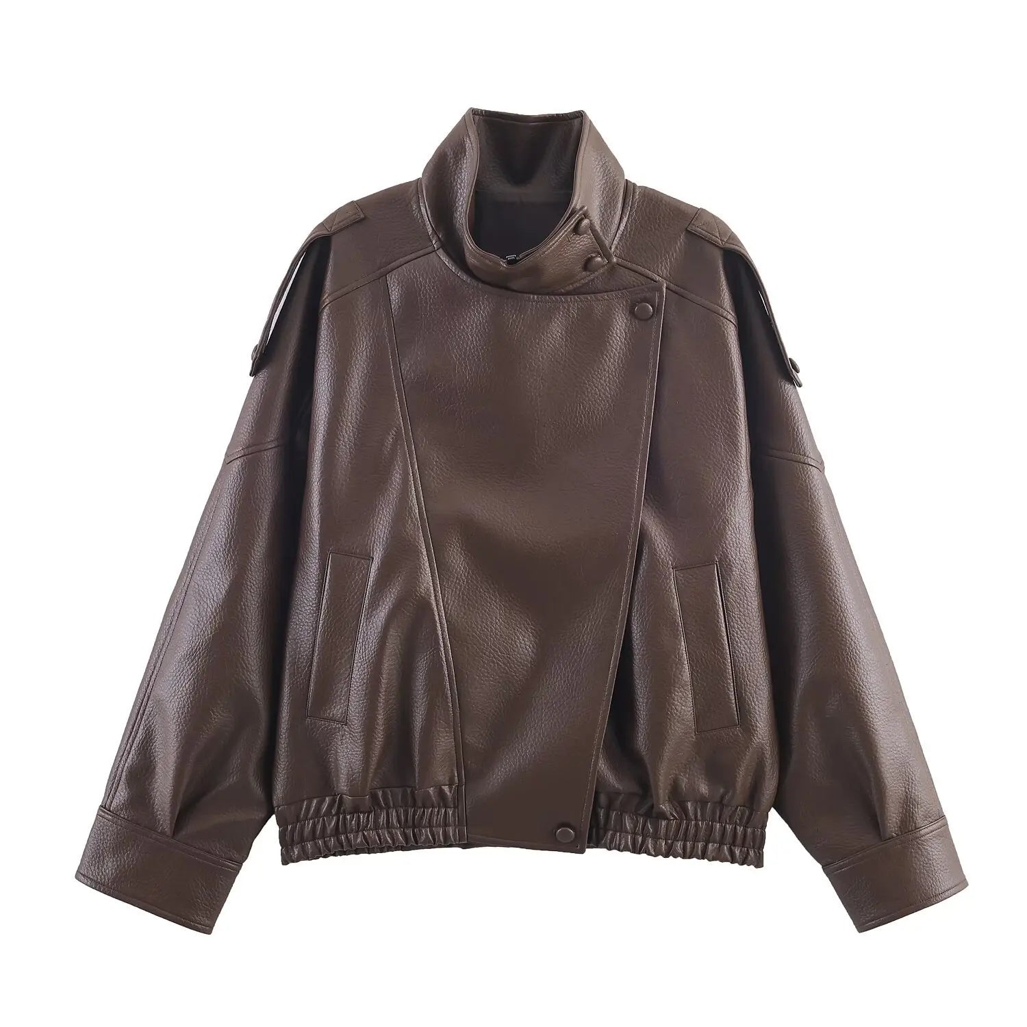 AIERTU  -  Solid Leather Moto Jacket For Women Winter Turtleneck Retro Coats Fashion Asymmetry Elegant Vintage PU Jackets New Aiertu