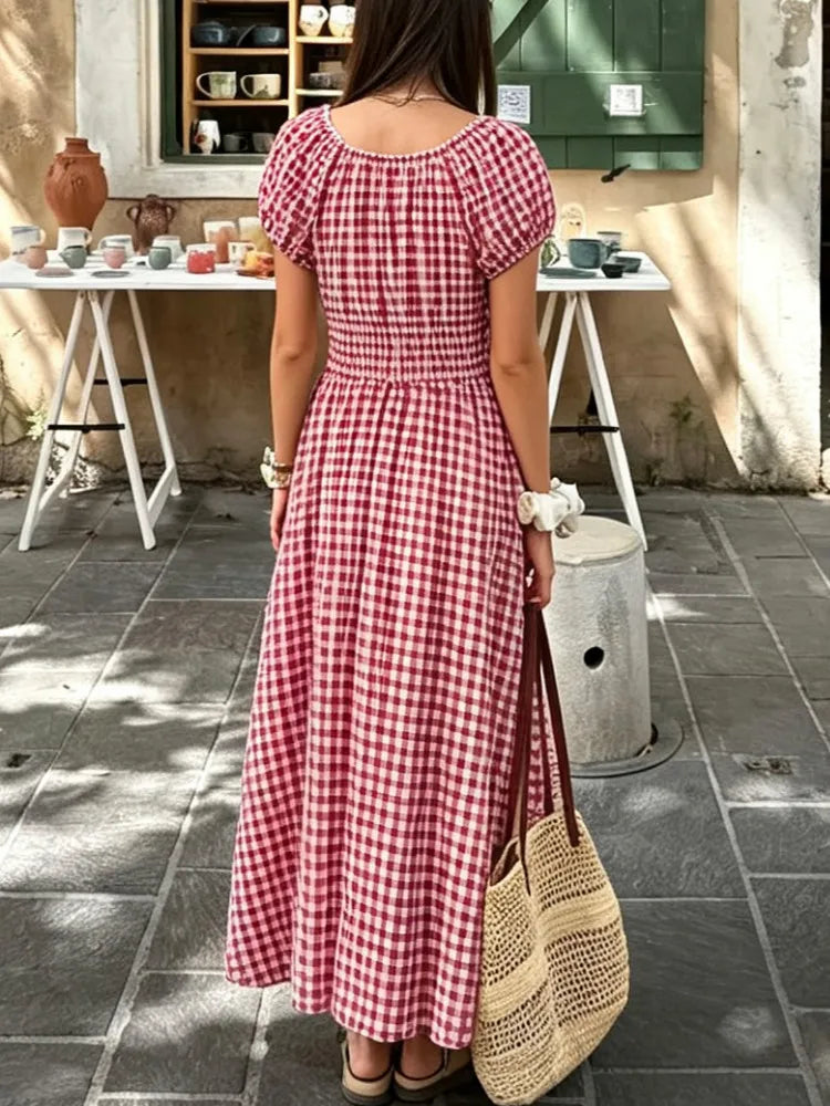 AIERTU  -  Elegant Long Bubble Sleeve Waist-Cinching Dress Women's Fashion Summer Casual Loose Fit A-Line Skirt Short Sleeve Aiertu