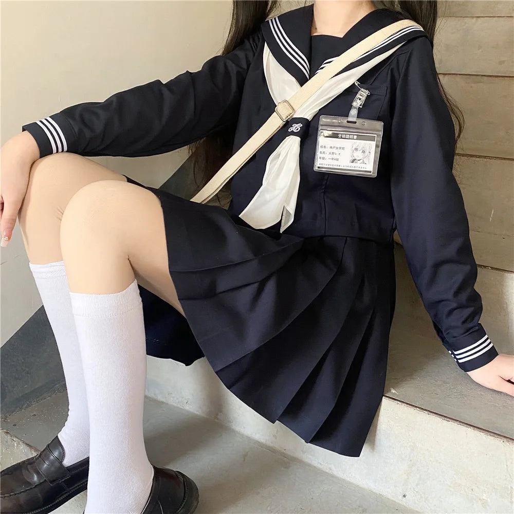 Aiertu Dark Blue Three Orthodox JK School Uniform Girls S-XXL College Style Sailor Spring Summer Suit Women Shirt Pleated Skirt Aiertu