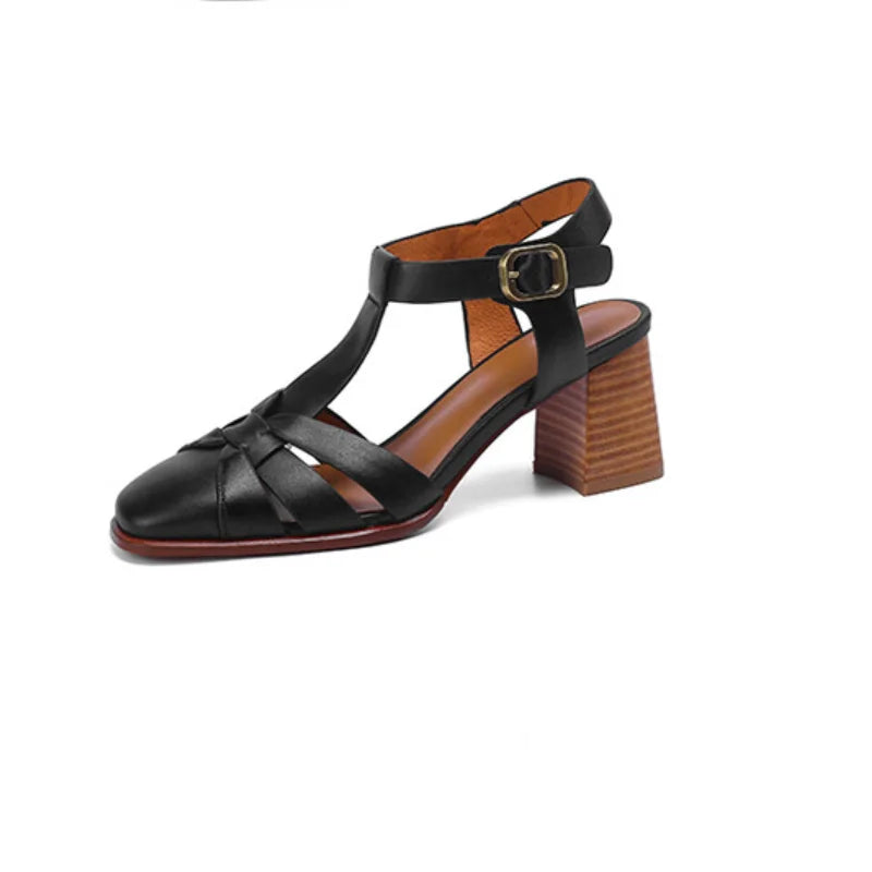 Aiertu Summer Sandals Female Retro Sandals Buckle Strap Womens Pumps Cowhide Ladies Shoes Spring Autumn Gladiator Sandal Roman Style Aiertu