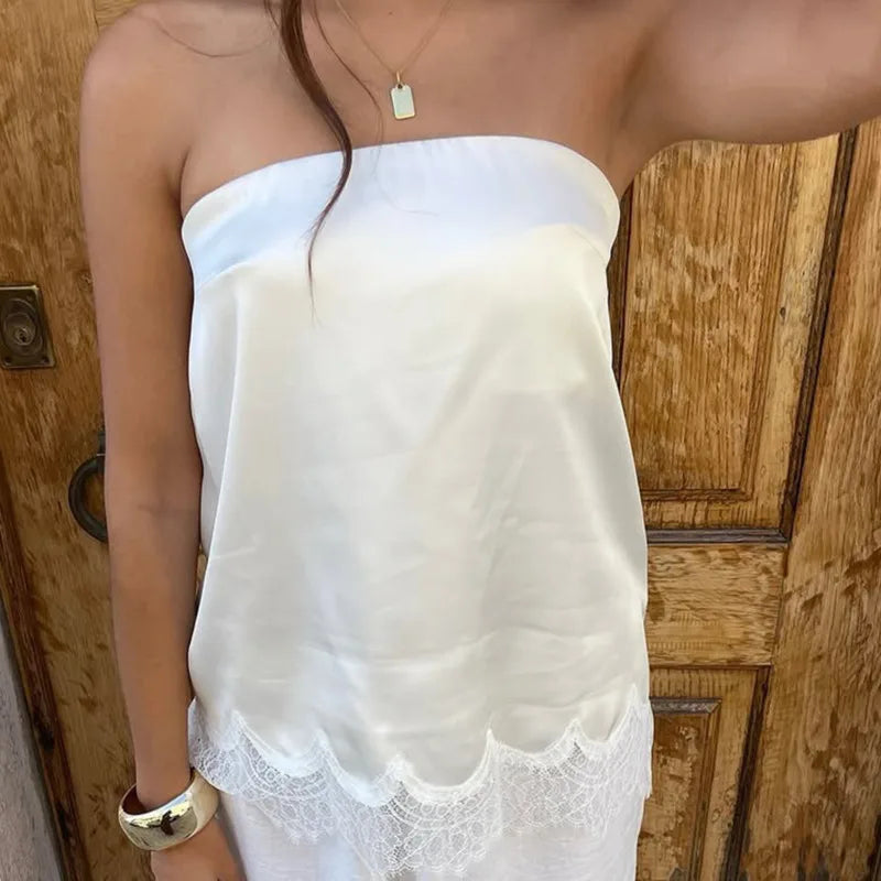 AIERTU  -  Sexy Strapless Satin Vest Irregular Lace Women's Top Summer Solid Color Loose Comfortable Lazy Daily Leisure Commuting White Top Aiertu