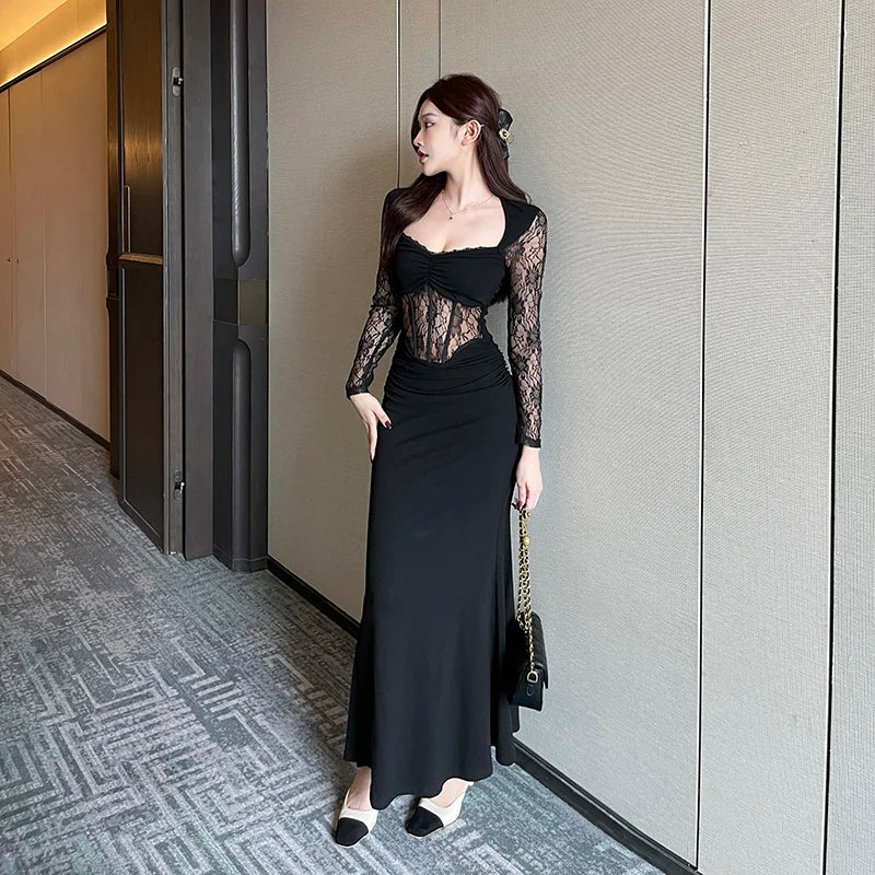 Aiertu Women's Elegant Long Dress 2024 Spring Fashion Temperament Sexy Splicing Design Lace Fishbone Splicing Dresses Aiertu