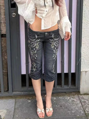 AIERTU  -  American Vintage Washed Distressed Cropped Jeans Hot Girl Women Casual Streetwear Y2k Retro Denim Capris Gem Print Bodycon Aiertu