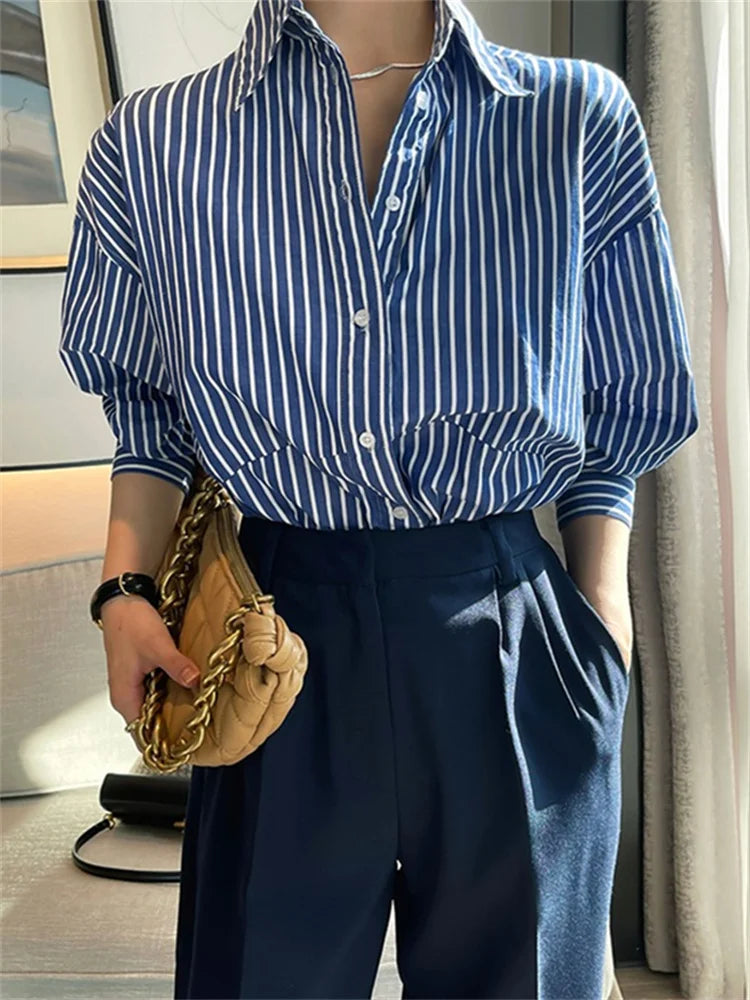 Aiertu Blue Striped Shirts for Women Spring Korean Loose Button Up Turn Down Collar Long Sleeve Tops Casual Blouses Aiertu