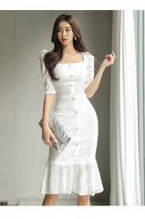 Aiertu Summer New 2-piece Square Collar Double-breasted Top +Fashion Cutout Lace Fishtail Skirt Casual Women Suit Skirt Aiertu