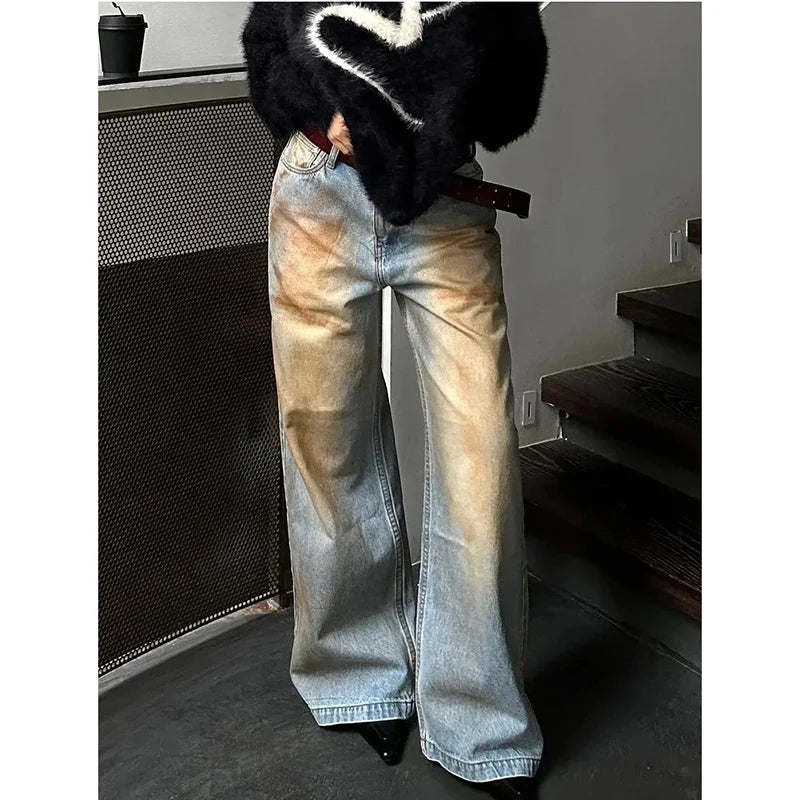 Aiertu Women's Y2K Harajuku High Waist Vintage Loose Jeans Pants American Retro Streetwear Wide Leg Baggy Tie Dye Denim Trouser Aiertu