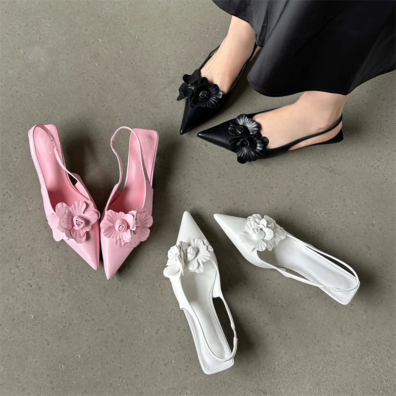 Sexy Flower Pointed Toe Thin Low Heels Women Pumps Elegant Wedding Slingback Shoes Mules Zapatos De Mujer Aiertu