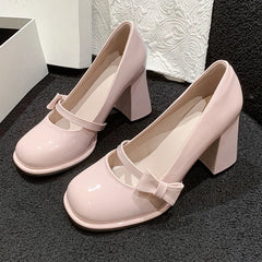Aiertu Sweet Bowknot High Heels Mary Janes Women Cute Round Toe Patent Leather Pumps Woman Slip-On Square Heeled Bow Party Shoes Ladies Aiertu