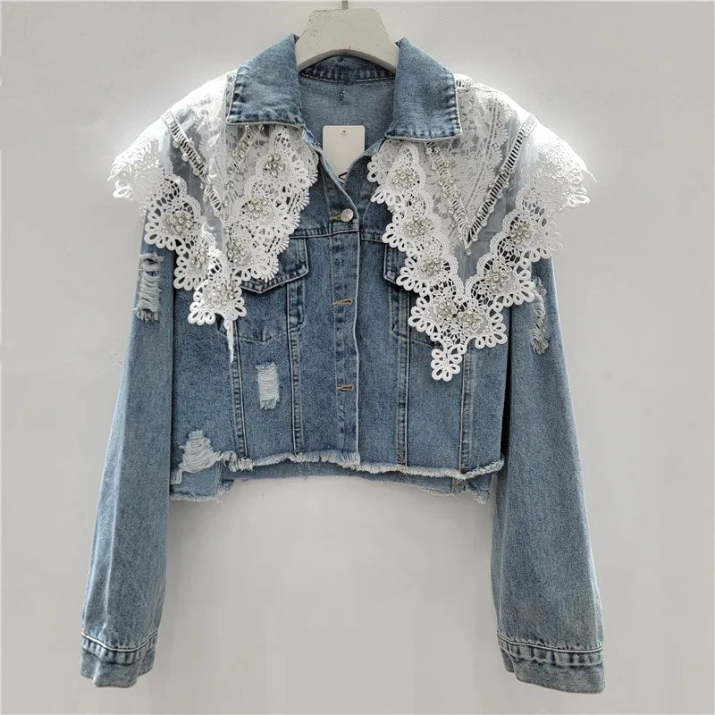 AIERTU  -  Lace Patchwork Denim Jackets Women Spring Autumn Korean Fashion Vintage Jaqueta Feminina Sweet Elegant Outwears Aiertu