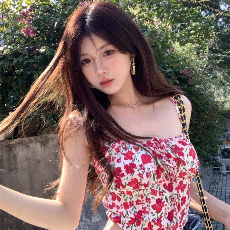 AIERTU  -  New Women Sweet Y2K Floral Print Crop Cami Top Backless Tie Up Sleeveless Slim Fit Summer Casual Outerwear & Innerwear Aiertu