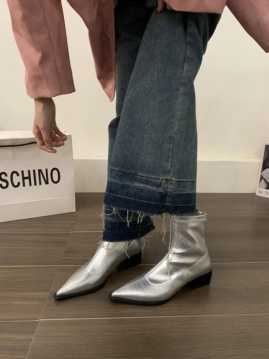Boots Women New Shoes Luxury Designer silver  Ankle Fashion Pointy Med Ladies Rubber Autumn Rome Hoof Heels Flock Solid Sli Aiertu