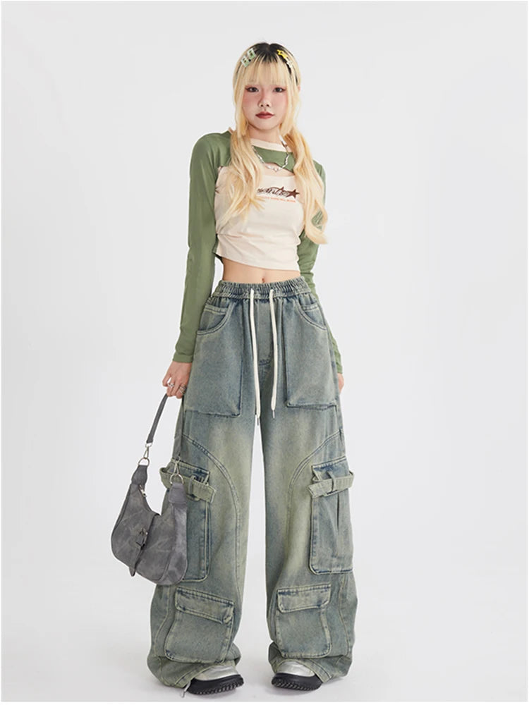 Aiertu Women Blue Jeans Cargo Pants Streetwear High Waist American Wide Leg Pants Fashion Y2K Style Female Winter Straight Trousers Aiertu