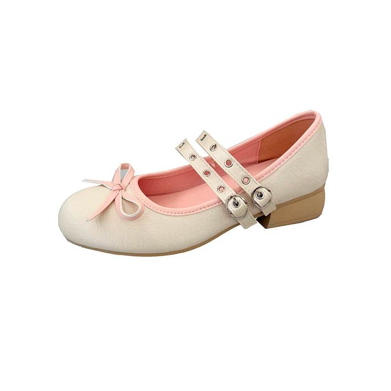 AIERTU  -  Pink Floral Pattern Low Heel Mary Jane Shoes Women Summer Comfort Silver Bowknot Ballet Flats Woman's Lolita Shoes Aiertu