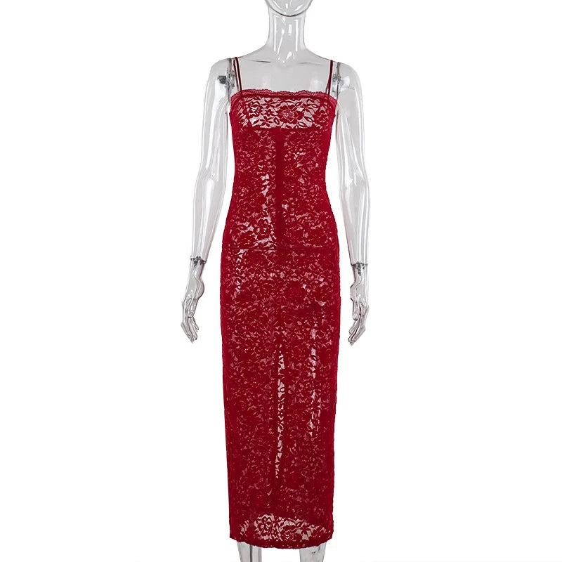 AIERTU  -  Vintage Lace Spaghetti Strap See Through Bodycon Split Summer Long Dress Women Evening Party Sexy Slim Fit Vestidos Aiertu