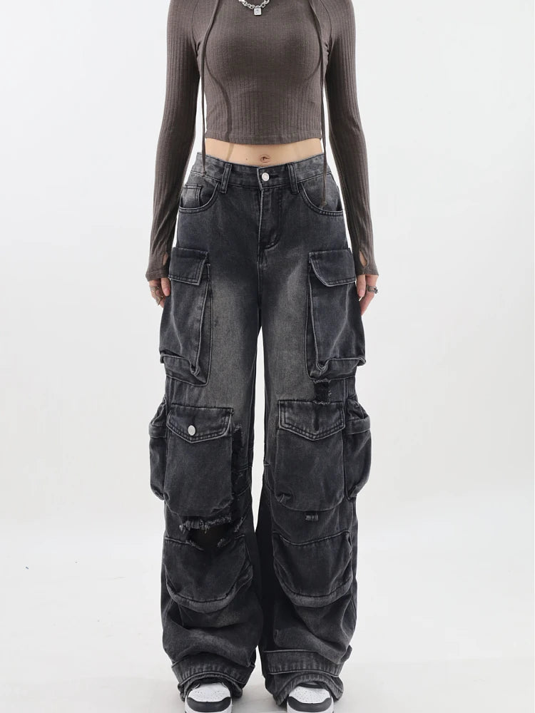 Aiertu Women's Black Gothic Baggy Cargo Jeans Vintage Emo 2000s Y2k Harajuku Denim Trouser Korean 90s High Waist Cowboy Pants Clothes Aiertu