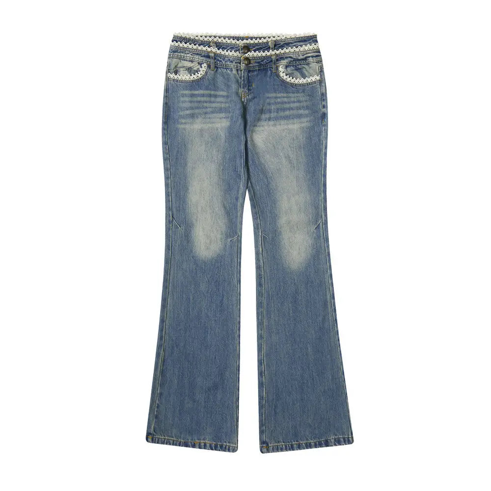 Korean Y2k Flare Jeans Women Low Waist Vintage Streetwear Letter Embroidery Lace Trim Denim Trousers Kpop 2000s Clothes Aiertu