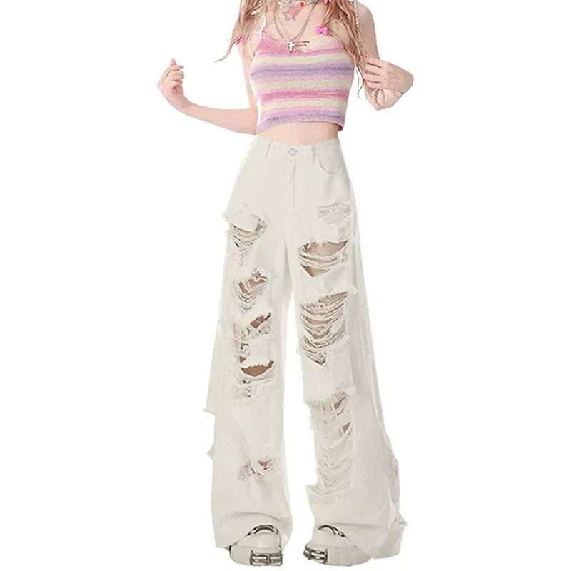Aiertu Women's White Baggy Ripped Jeans Vintage Cowboy Pants Harajuku Streetwear Oversize Denim Trousers Y2k Trashy 2000s Clothes 2024 Aiertu