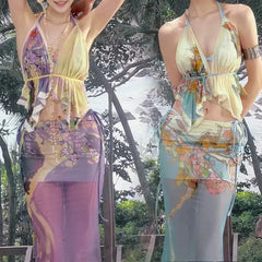 AIERTU  -  Floral Plant Printed Bikini Set Women's Slim-fit Fashion Lace Up Sexy Perspective Backless Holiday Beach Dopamine Style Dress Aiertu