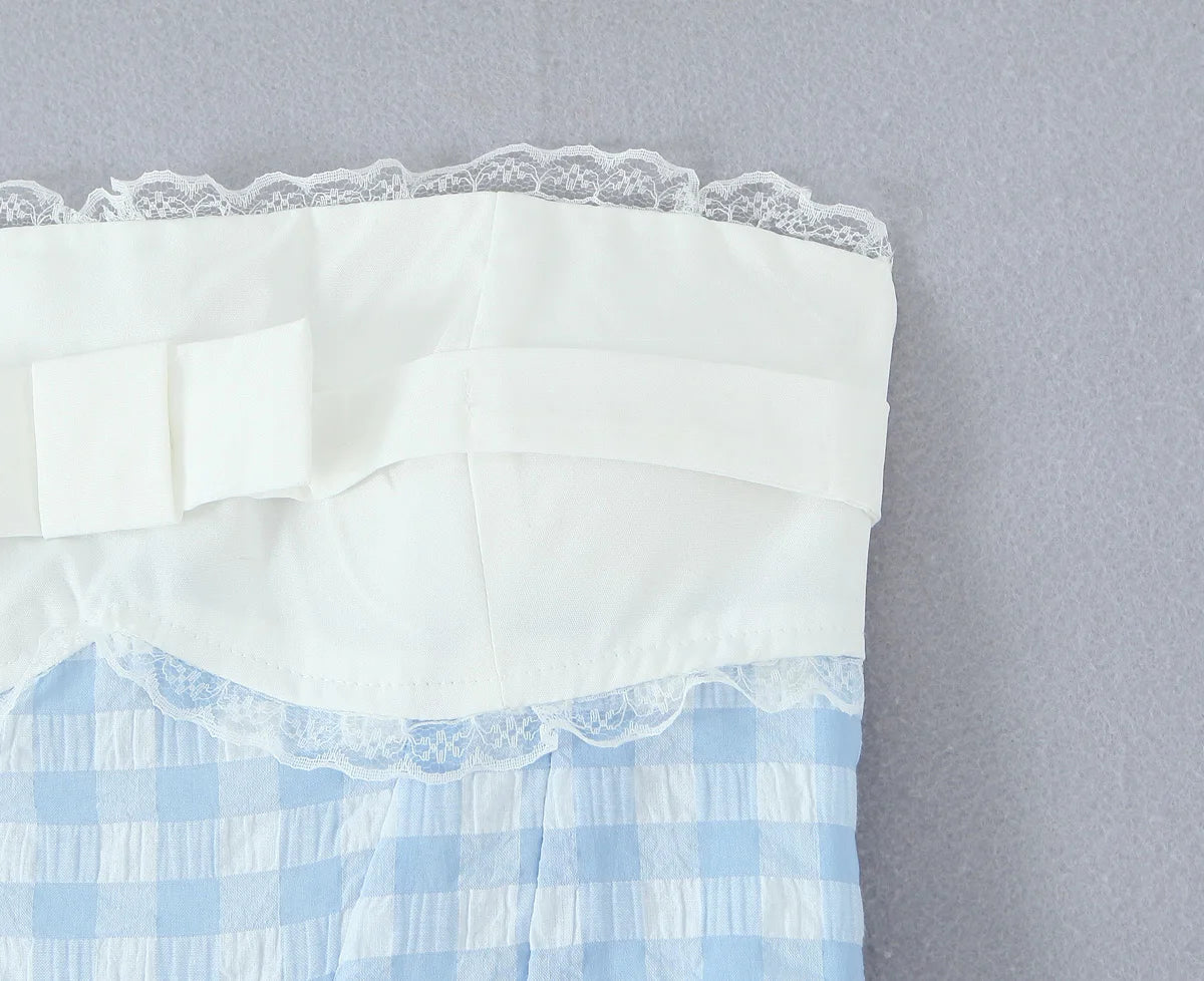 AIERTU  -  Blue Gingham Halter Mini Dress Women Y2K Ruffle Bustier Puff Balloon Hem Party Dress Aiertu