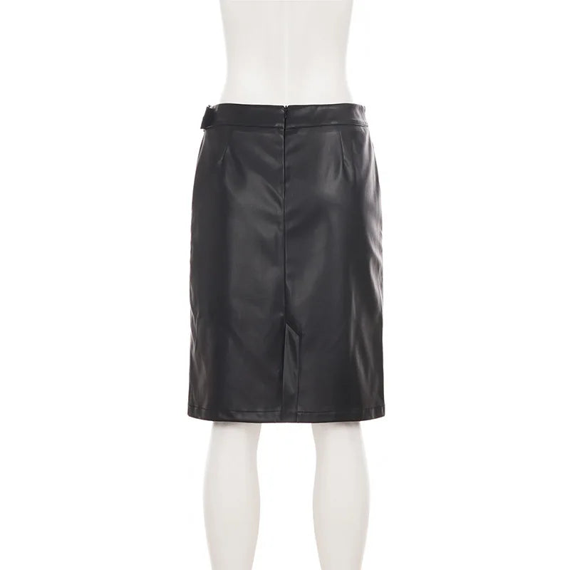 AIERTU  -  PU Bodycon High Waist Midi Skirt Pencil Knee Length Side Zipper Glossy Smooth Night Out Party Solid Color Skirt Aiertu