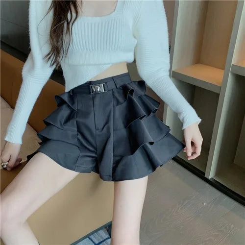 Aiertu High Street Y2k Korean Skirt Women Ruffles Designer Slim Party Casual Skirt Female Black Gothic Sexy Sashes Chic Vintage Clothes Aiertu