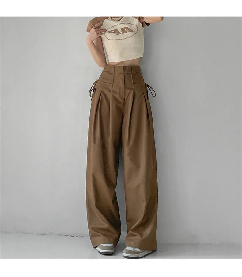 Aiertu Summer Japan Casual Style Solid Color High Waist Wide Leg Suit Pants Women's Fashion Loose Lace-up Full Length Trousers Aiertu