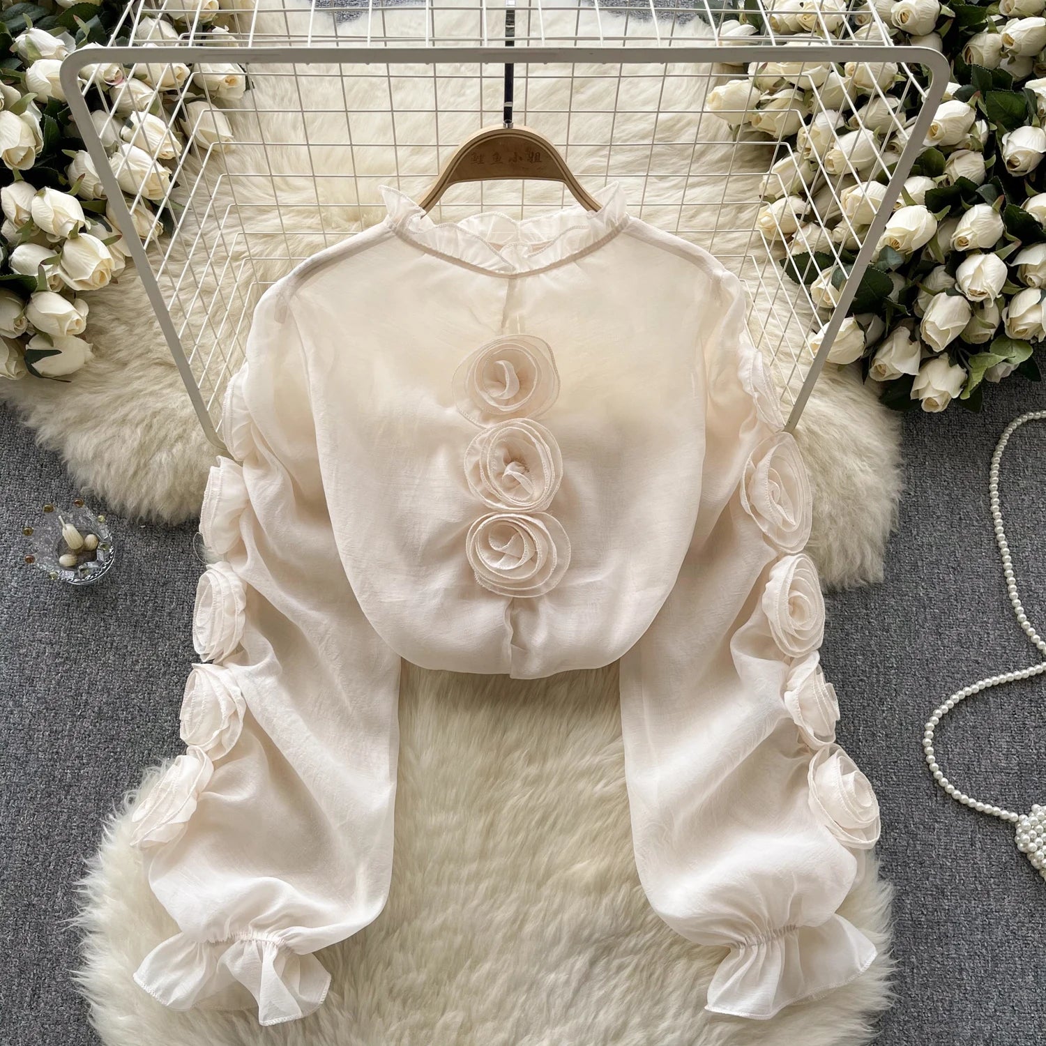 Aiertu  High Quality Organza Women Blouse Ruffles Neck Long Sleeves Loose Sweet Top Korean Style 3D Floral Sheer Shirt Aiertu