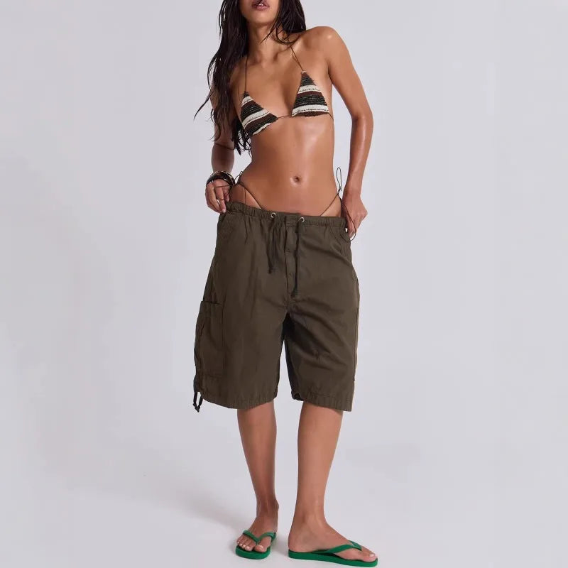 AIERTU  -  Euramerican Safari Style Drawstring Half Pants Y2k All Match Side Pockets Design Casual Women Wide Trousers Stright Short Pants Aiertu