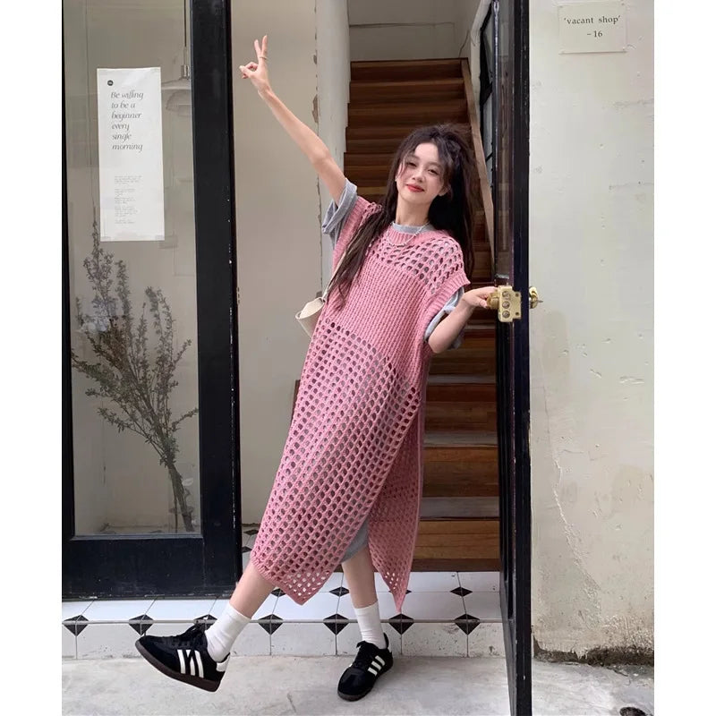 AIERTU  -  Spring New French Solid Hollow Out Knit Dress Women Mid Long Loose Sleeveless Vest Outerwear Layered Casual Midi Dress Aiertu