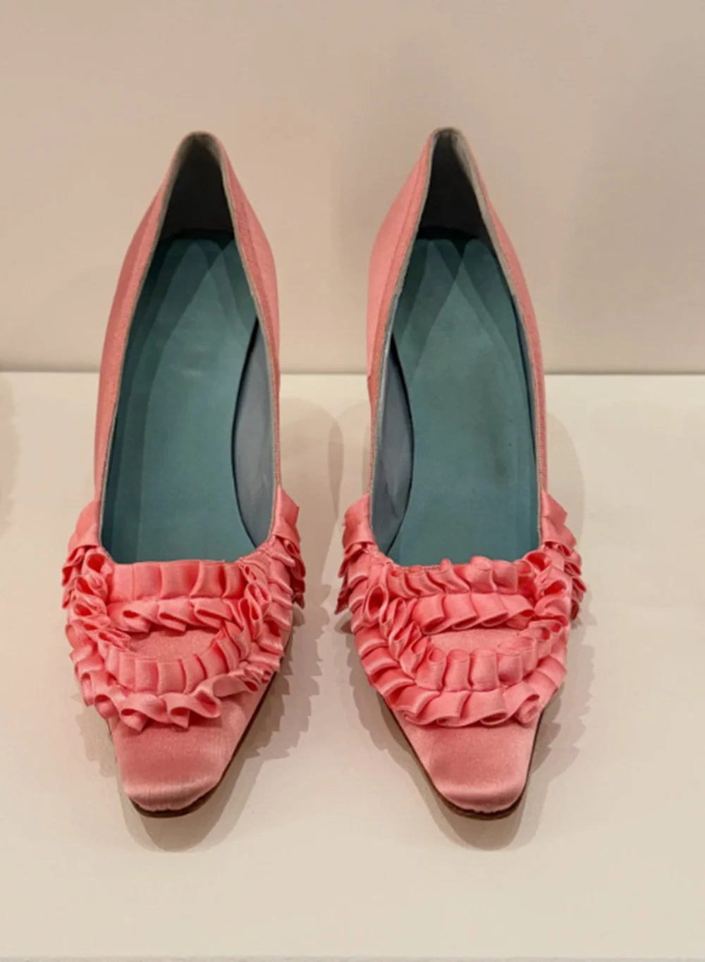 AIERTU  -  Blush Pink Satin Pointed-Toe High Heels Ruffled Frill Trim Contrast Sky Blue Lining Elegant Sweet Women's Low-Cut Shoes Aiertu