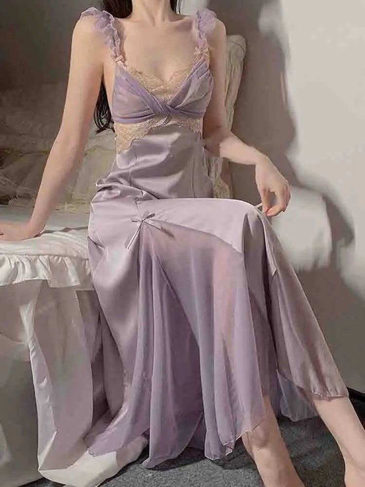 Aiertu Spring Sexy Silk Strap Dress Women French Elegant Party Fairy Dress Backless Lace Long Dresses Women Court Vintage Korean Aiertu
