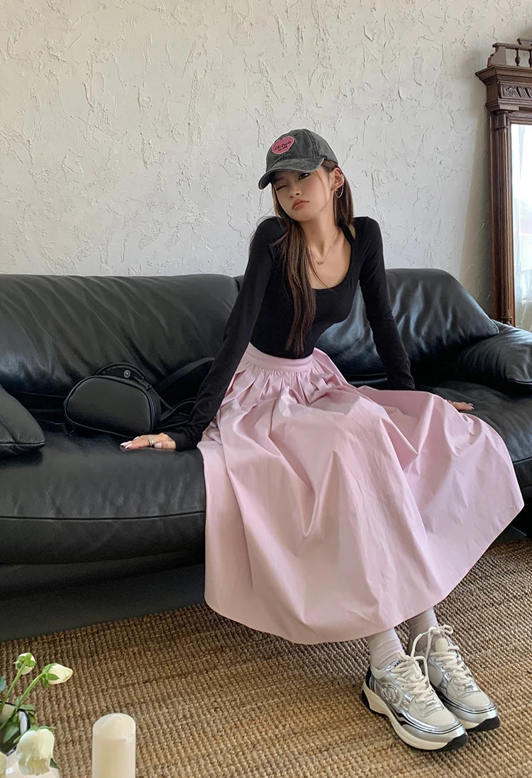 Aiertu Spring And Autumn New Fashion Women's Sweet Elegant High Waist Pleated Pink Zipper Half Length A-line Long Skirt Lady Sexy Party Aiertu