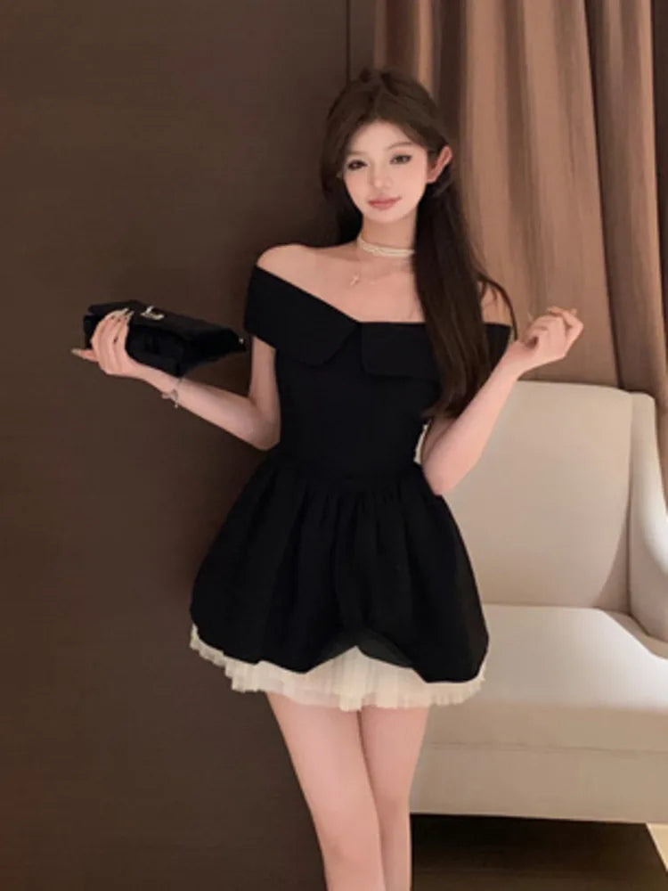 Aiertu DRESS TO IMPRESS French Hepburn Elegant Lady Mini Evening Party Dress Mesh Stitching A Line Summer Dresses For Women Off Shoulder Slim Sexy Dress aiertu