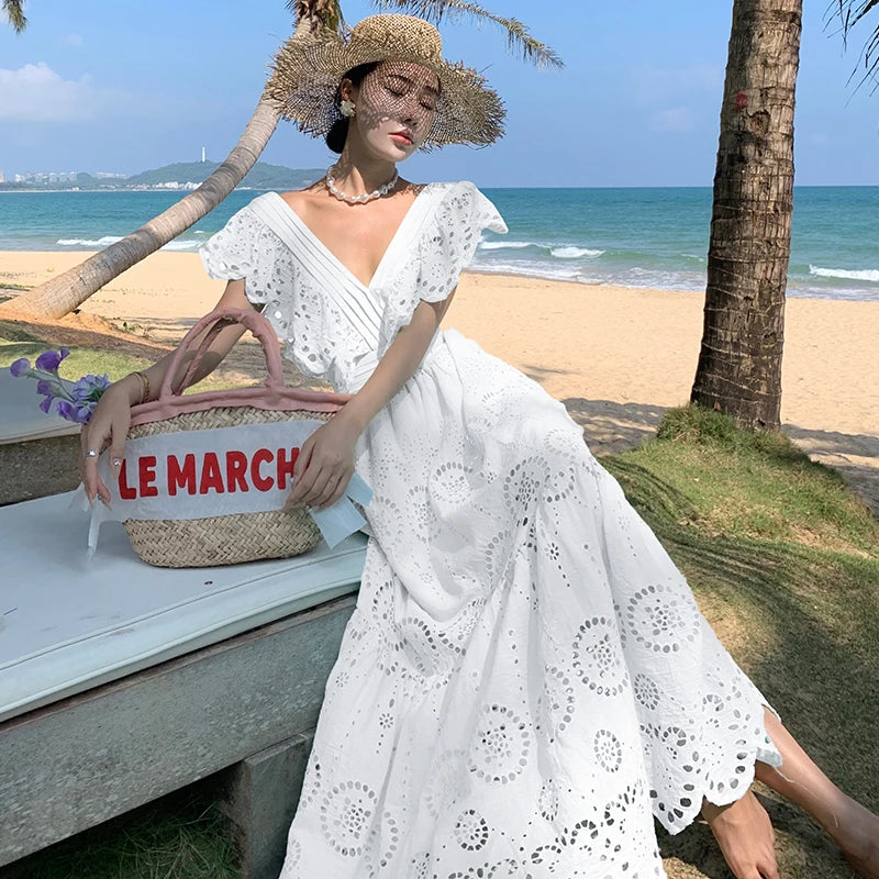 Aiertu White Daisy Flower Embroidery Hollow Out Fly Sleeves Dress Women Summer V Neck Ladies Elegant Fashion Ruffles Fairy Long Dresses Aiertu