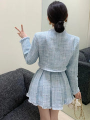 Aiertu High Quality Fashion Tassel Design Small Fragrance 2 Piece Sets Women Outfit Long Sleeve Short Jacket Coat + Pleated Skirt Suits Aiertu