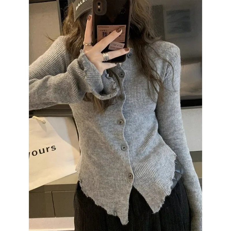 Aiertu Y2k Grey Vintage Women Kint Sweater Harajuku Long Sleeve Cardigan Irregular Korean Fashion Slim Autumn Jerseys Casual aiertu