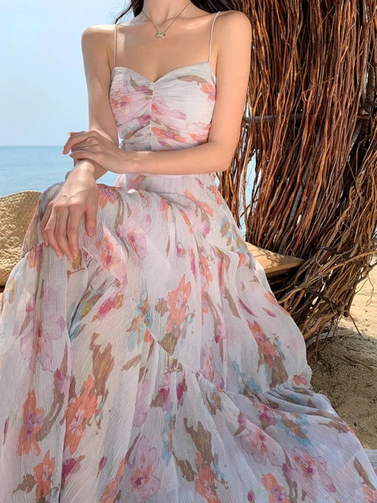 Aiertu Spaghetti Strap Elegant Women Summer Dress Sleeveless Casual Floral Print A-Line Beach Holiday Clothes Female Long Robe Aiertu